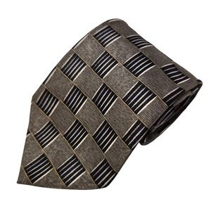 Milano Uomo Tie Mens Xtra-Long‎ Grey Black Geometric Silk Block Pattern USA